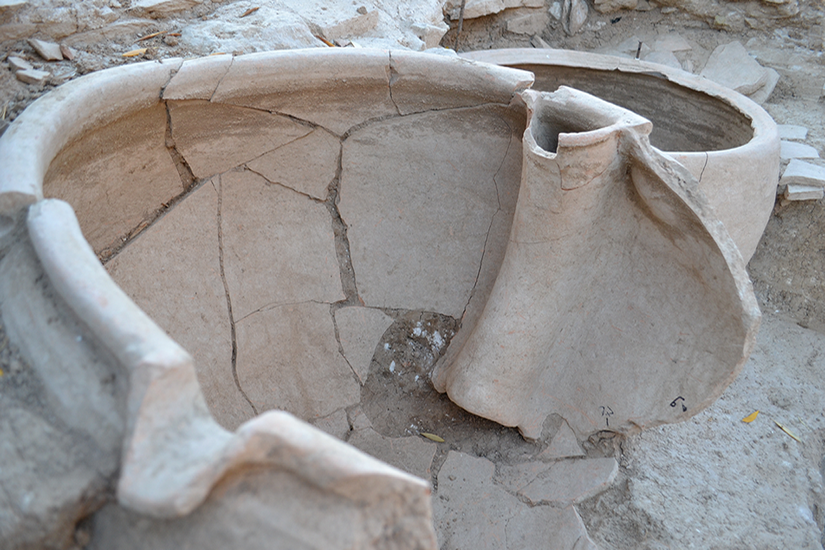 Sif&oacute;n de separaci&oacute;n de aceite y alpech&iacute;n de la almazara romana de Las Delicias, &Eacute;cija
La almazara de Las Delicias se fecha, igual que los hornos excavados, en la primera mitad del siglo III d. C. Sin embargo, la sala de decantado presentaba al menos dos fases consecutivas: una m&aacute;s antigua en la que las operaciones se hac&iacute;an en piletas impermeables y una segunda en la que al menos algunas de estas piletas fueron sustituidas por tinajas (dolia). La imagen muestra un detalle de los dolia meridionales que se encontraban relacionados entre s&iacute; gracias a un curioso sistema de sif&oacute;n formalizado en torno a un tubo cer&aacute;mico en el interior del dolium que recibe el l&iacute;quido directamente desde las prensas. Como el aceite flota sobre el agua, en el recipiente se crean dos niveles de l&iacute;quido, siendo el de agua (y alpech&iacute;n) el inferior. El peso del aceite obligaba al agua a introducirse en el tubo, siendo evacuada hacia el exterior para purificar el aceite y dejarlo lo m&aacute;s limpio posible. El aceite se extra&iacute;a por la piquera situada en el borde, justo en el extremo contrario al del sif&oacute;n.